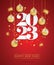 Happy new year 2023. White paper numbers with golden Christmas decoration.