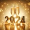 Happy New Year 2024! Champagne glasses, splashes and sparkles on shiny stars bokeh lights background