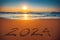 Happy New Year 2024 concept, lettering on the beach. Sea sunrise