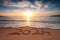 Happy New Year 2024 concept, lettering on the beach. Written text on the sea beach at sunrise