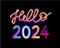 Happy new year 2024 future metaverse neon text neon with metal effect, numbers and futurism lines. Vector greeting card