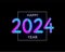 Happy new year 2024 future metaverse neon text neon with metal effect, numbers and futurism lines. Vector greeting card