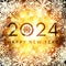 Happy New Year 2024 greeting card design on glowing abstract background with glittering confetti elements and snowflakes