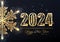 Happy New Year 2024 luxury greeting card template with gold digits and snowflake on black background
