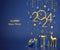 Happy New Year 2024. Merry christmas card. Hanging golden metallic numbers 2024, stars, balls, confetti. Watch with Roman numeral