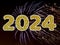 Happy New Year - 2024 Shiny Golden Glitter Text On Firework Background.