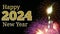 Happy New Year 2024 Shiny Golden Glitter Typography And Calligraphy Text On Firework And Night Sky Background.