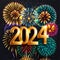 Happy New Year 2024 with various colors of fireworks.