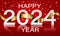 Happy New Year 2024 white paper number golden ribbon curve on red design for holiday festival celebration countdown background