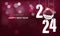 Happy New Year 2024 white paper number stars glass ball bokeh blur on dark pink luxury design for holiday festival celebration