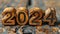 Happy New Year 2024. Wooden figures on rustic wooden background