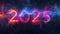 Happy New Year 2025, bright pink neon typography numbers design over dark blue background