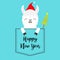 Happy New Year. Alpaca llama sitting in the pocket. Santa hat. Fir tree. Face and hands. Merry Christmas. Cute cartoon character.