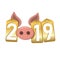 Happy New Year background. Pink pig 3D, gold sale tags. Golden 2019 numbers. Piggy snout. Chinese design decoration