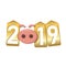 Happy New Year background. Pink pig 3D, gold sale tags. Golden 2019 numbers. Piggy snout. Chinese design decoration