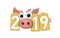 Happy New Year background. Pink pig, gold sale tags. Golden 2019 numbers. Piggy snout. Chinese design decoration