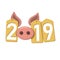 Happy New Year background. Pink pig, gold sale tags. Golden 2019 numbers. Piggy snout. Chinese design decoration