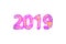 Happy New Year Banner with 2019 Numbers made by bright pink wire and orange glowing lowpoly core inside isolated on
