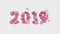 Happy New Year Banner with 2019 trendy pink color and gold Numbers made by shattered cracked stone isolate on white