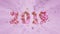 Happy New Year Banner with 2019 trendy pink color Numbers made by shattered cracked stone with flying glass or water