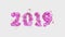 Happy New Year Banner with 2019 trendy pink color Numbers made by shattered cracked stone isolated on white Background