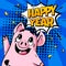 Happy New Year banner with cartoon pig and text cloud on blue background. Greeting card in comics style