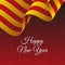 Happy New Year banner. Catalonia waving flag. Snowflakes background. Vector illustration.