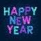 Happy New Year Banner with colored confetti text on blue background. Greeting for flyers, postcards, posters, banners.