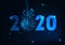 Happy New year banner with futuristic glowing low poly 2020 text, clock countdown, gift bow, stars.