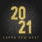 Happy New Year Banner with golden glittering numbers 2021 and with greeting text on black background.