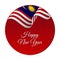 Happy New Year banner or sticker. Malaysia waving flag. Snowflakes background. Vector illustration.