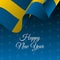 Happy New Year banner. Sweden waving flag. Snowflakes background.