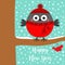 Happy New Year. Bullfinch winter bird on rowan rowanberry sorb berry tree branch. Red hat, scarf. Merry Christmas. Candy cane.