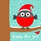 Happy New Year. Bullfinch winter bird on rowan rowanberry sorb berry tree branch. Red Santa hat. Merry Christmas. Candy cane. Cute