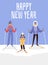 Happy New Year card with cartoon family on ski slope in winter