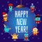 Happy new year card with cartoon mnster children in party costumes