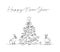 Happy New Year card with hare, rabbit and Christmas tree one line art. Continuous line drawing of new year holidays