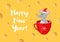 Happy new year card. Mouse Symbol of new year  in red santas hat sitting in red winter mug on cheese yellow background
