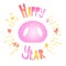 Happy New Year card with pig nose, text and graphic elements: heart, flower, star, twig. Vector