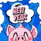 Happy New Year card with pig`s head and text cloud on blue background. Greeting card in comics style