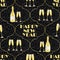 Happy New Year celebration vector seamless Ogee pattern with champagne bottles and glasses and greeting text. Black gold