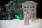 Happy New Year Celebration, Young Family of Three Standing in the Front Yard Looking into the Sky In the EveningÑŽ House Decorated