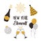 Happy new year, champagne bottle cups ball balloons hat elements icons