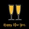 Happy New Year. Champagne line glasses with sparkles. Golden color. Cute greeting Card. Flat design. Black background