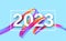 Happy New Year and Christmas 2023. 2023 typography on a background of bright colored paint strokes. New Year holiday