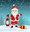 Happy New Year and Christmas card with Santa Claus and gift and antique lamp