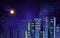 Happy New Year City Building Cityscape Fireworks Full Moon