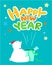 Happy new year cute card polar bear open gift box .