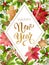 Happy new year design composition of poinsettia, fir branches, cones, gingerbread, candy cane, holly and other plants. Cover, invi