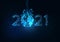 Happy New Year digital web banner with futuristic 2021 number and Earth globe hanging on ribbon bow